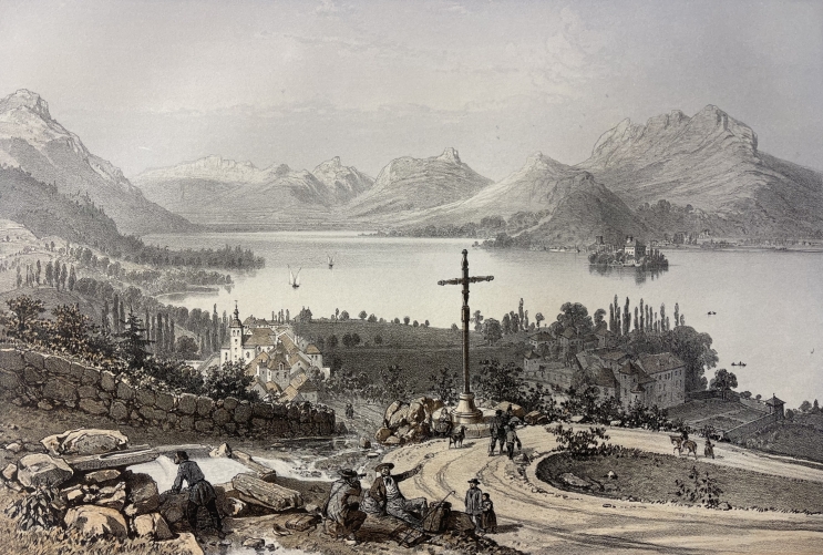 lake_annecy_talloires_duingt_france_1864_antique_lithograph_felix_benoist_alps