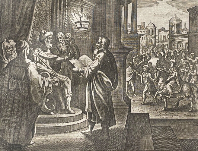 le_roi_contraint_aman_de_declarer_le_triomphe_de_mardochee_matthaus_merian_xvii