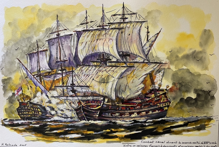 combat_naval_francais_anglais_vaisseaux_a_deux_ponts_du_xviie_gouache_de_2001
