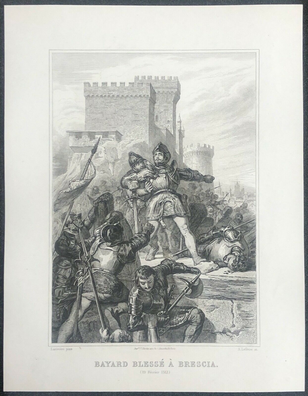bayard_chevalier_pierre_du_terrail_blesse_a_brescia_1524_italie_gravure_1840