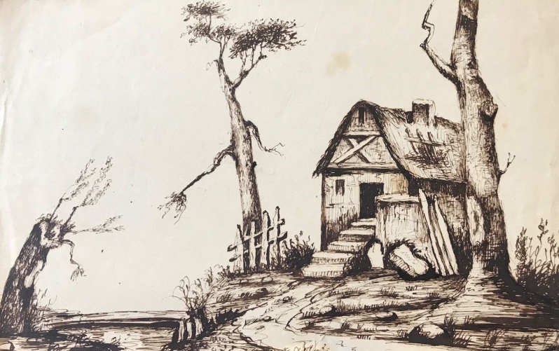 chaumiere_moyen_age_medievale_lavis_dencre_vers_1865_picardie_ou_ile-de-france
