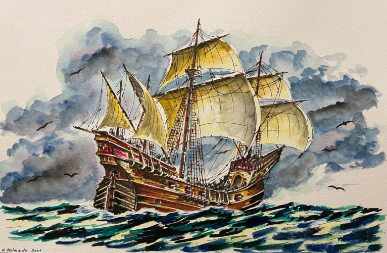 caraque_victoria_de_magellan_aquarelle_de_n_palmade_2001_marine_marin