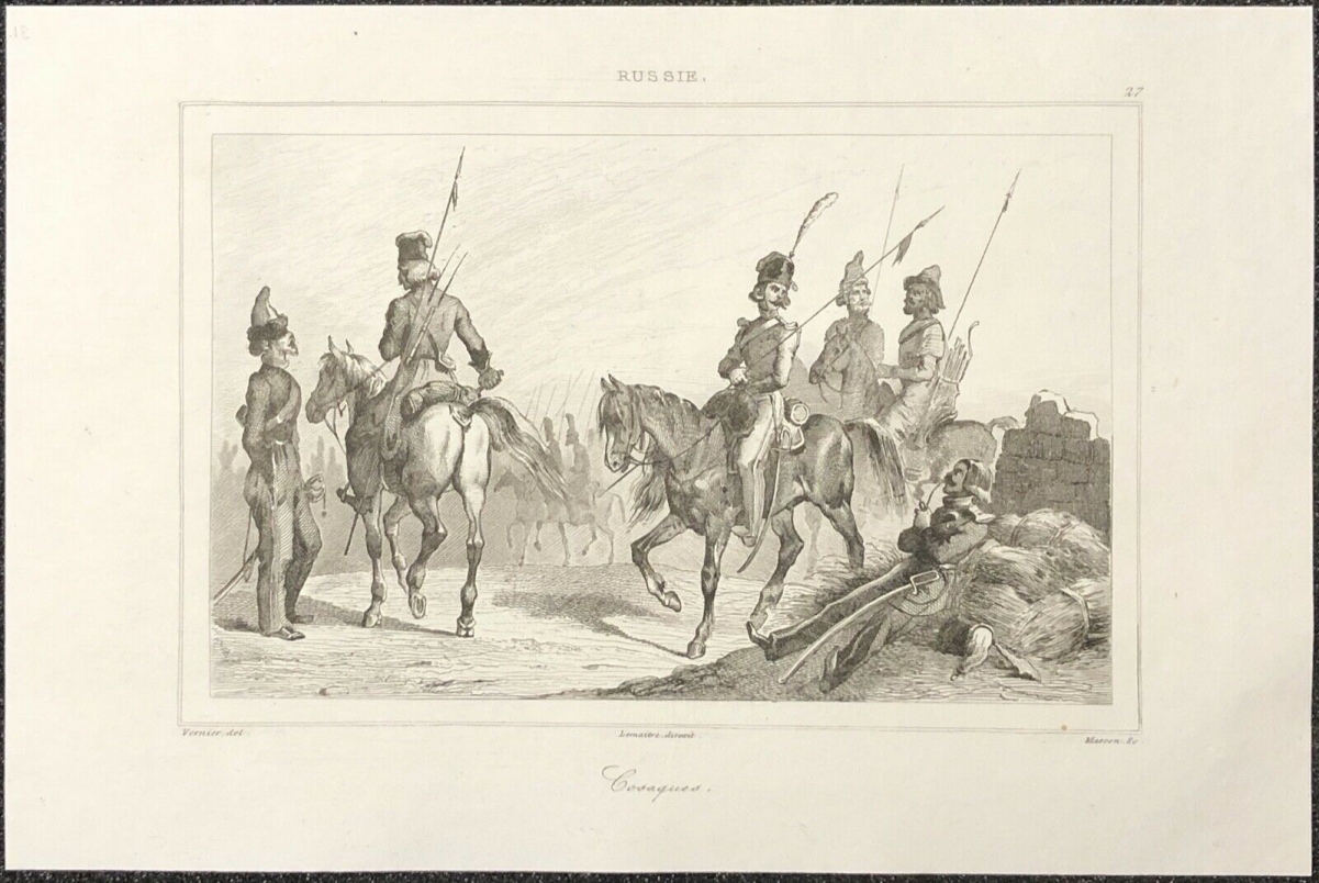russie_cosaques_gravure1838_pantalon_toque_cosaque_uniforme_cavalerie_chevaux