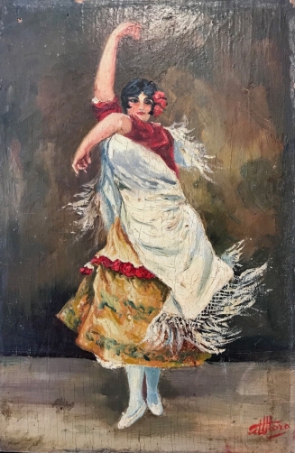 flamenco__peinture_sur_bois_signee_illisible_debut_xxe__danse,_danseuse__espagna_