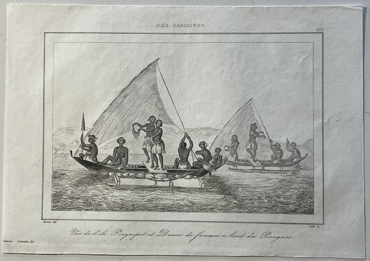 caroline_islands_micronesia_1836_original_antique_engraving_native_sailing_canoe