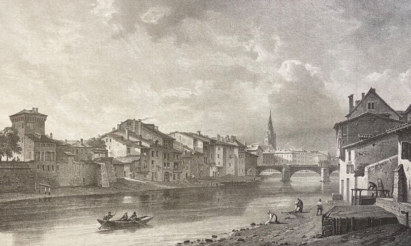 grenoble_pont_en_bois_vers_1840_entre_centre_et_quartier_st_laurent_lithographie