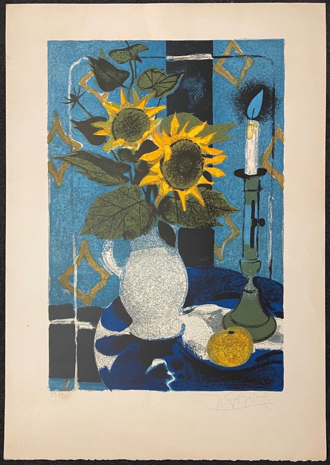lithographie_nature_morte_aux_tournesols_bougie_et_pichet_signee