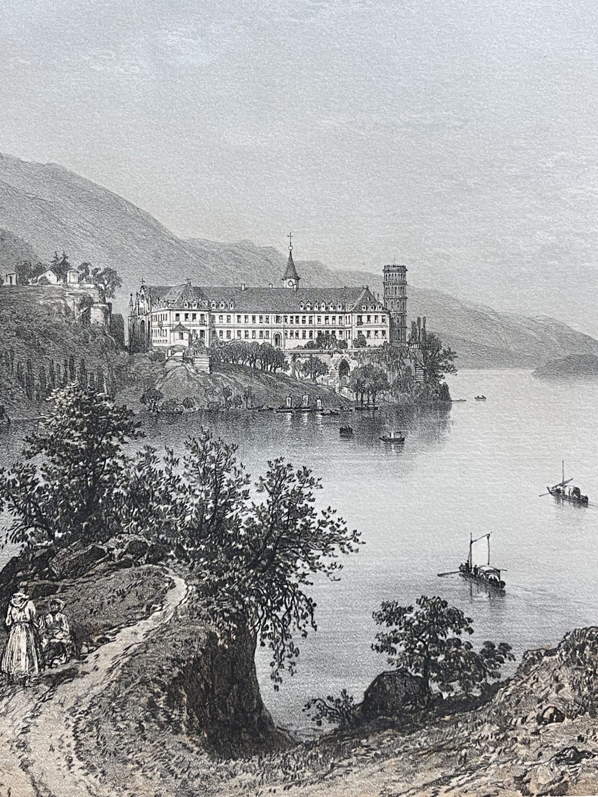antique_engraving_haute-combe_abbey_lake_bourget_france_1864_benoist_savoie