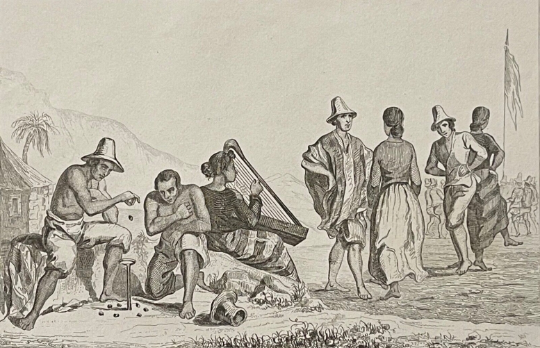 chili_jeu_de_los_porotos_avec_des_feves_et_danse_harpe_lithographie_de_1836