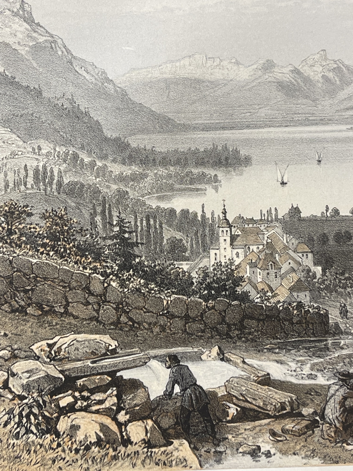 lake_annecy_talloires_duingt_france_1864_antique_lithograph_felix_benoist_alps