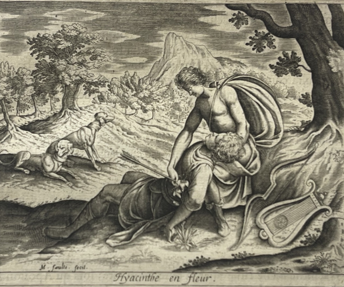 apollo_mourning_hyacinthus_1619_antique_print_from_ovid_metamorphoses