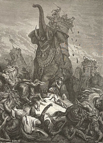 mort_d_eleazar_machabee_elephant_de_guerre_gravure_d???apres_gustave_dore_1868
