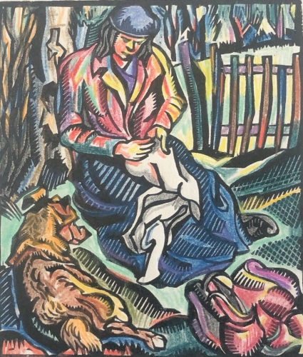 xylographie_femme_a_la_couture_avec_son_chien_anonyme_vers_1940_couturiere