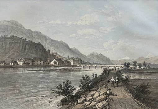 montmelian_france_antique_lithograph_1864_felix_benoist_savoy_alps_river_savoie