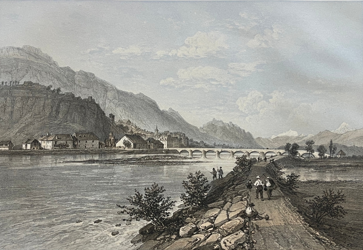 montmelian_france_antique_lithograph_1864_felix_benoist_savoy_alps_river_savoie