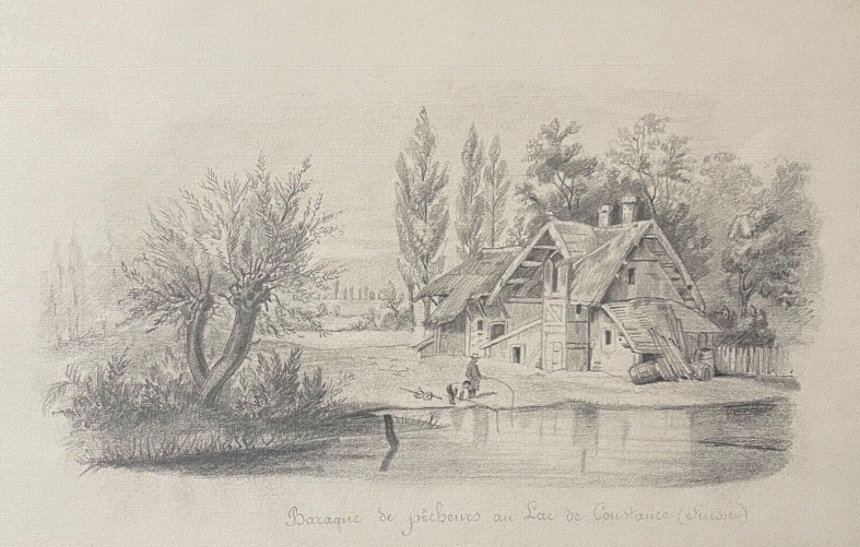 suisse_dessin_graphite_lac_de_constance_baraque_de_pecheurs_vers_1850