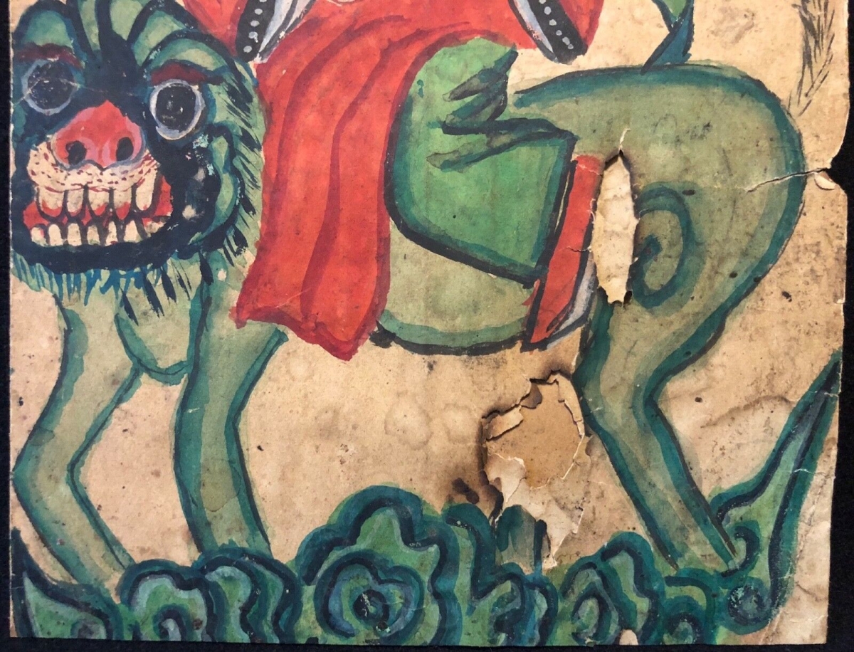 chine_bodhisattva_sur_lion_peinture_sur_papier_tres_ancien_asie