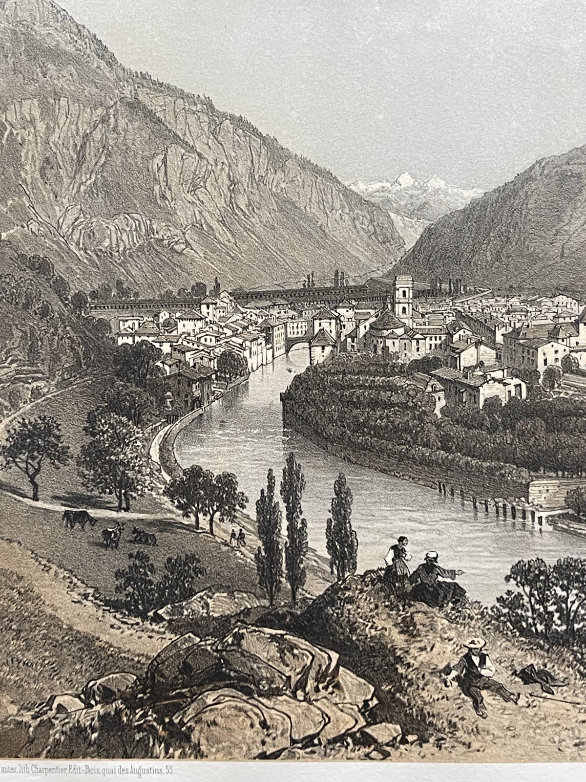 moutiers_savoie_antique_lithograph_1864_felix_benoist_french_alps_river_town