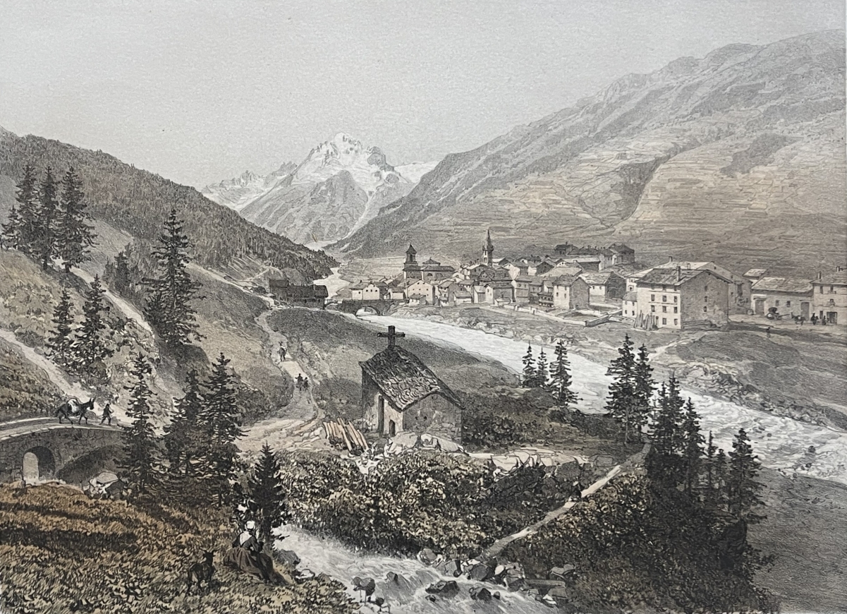 lanslebourg_savoie_antique_lithograph_1864_felix_benoist_french_alps_village