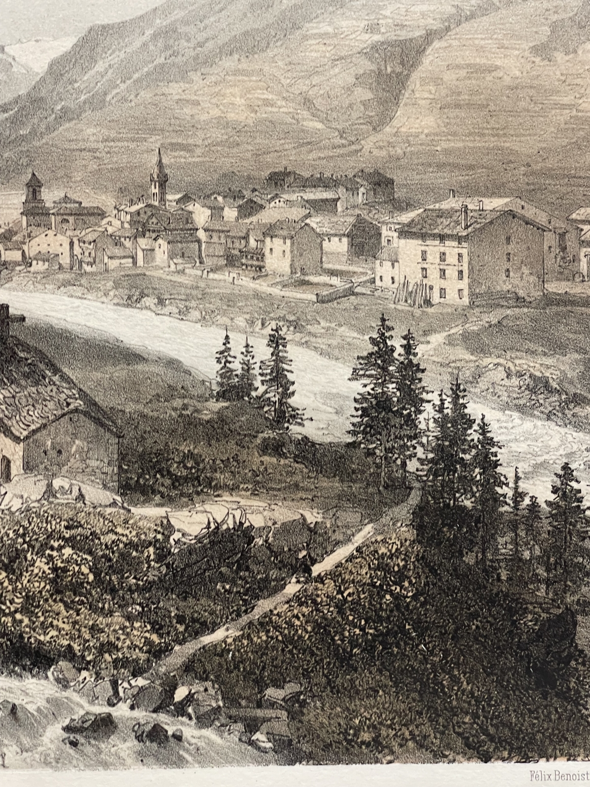 lanslebourg_savoie_antique_lithograph_1864_felix_benoist_french_alps_village