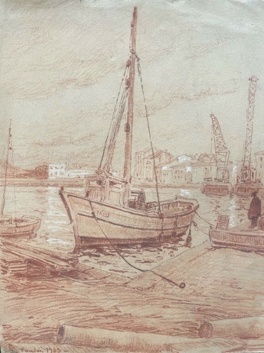 toulon_le_port_var_en_1933_dessin_sanguine_anonyme_bateau_de_peche_france