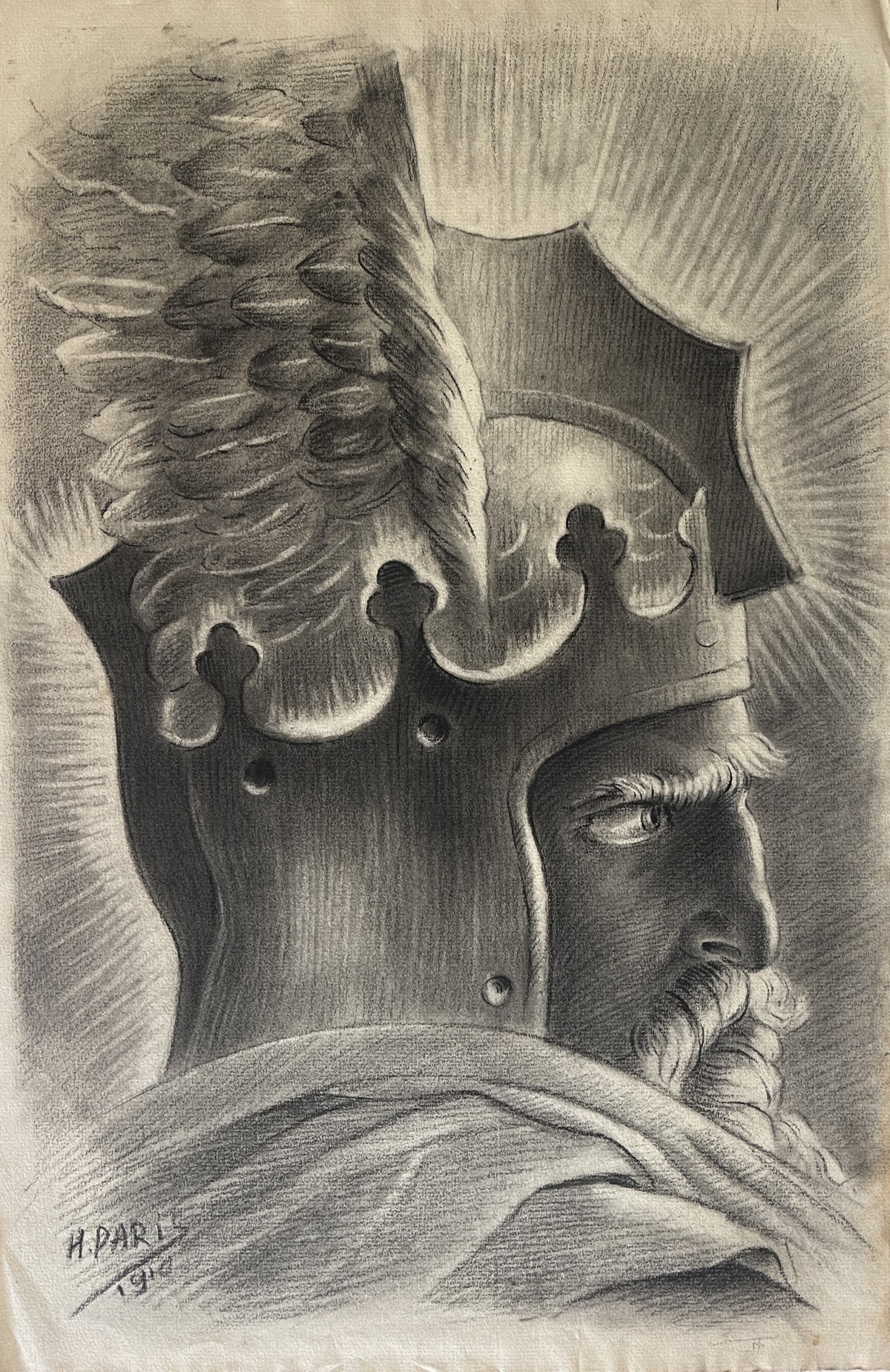 tete_de_roi_guerrier_par_h_paris_fusain_1910_france