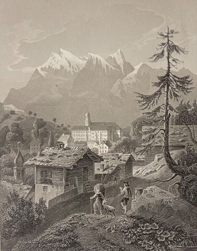 pfaffers_village_et_cloitre_lithographie_vers_1850_suisse_canton_de_saint-gall