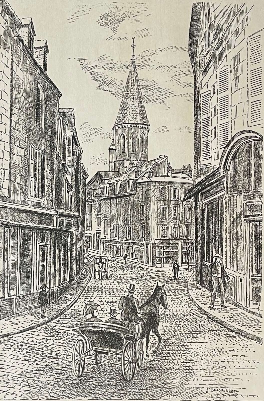 gueret_creuse_la_grande_rue_vers_1900_gravure_yves_ducourtioux_xxe