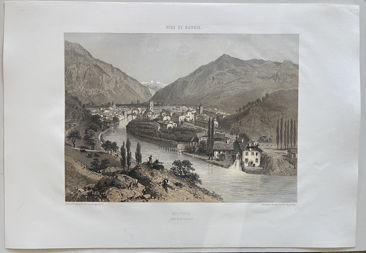 moutiers_savoie_antique_lithograph_1864_felix_benoist_french_alps_river_town