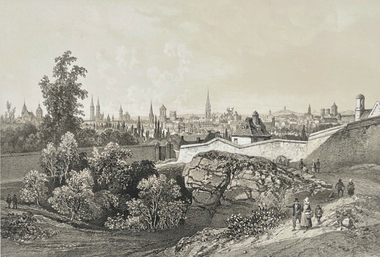 caen_vue_generale_en_1852_lithographie_originale_normandie_calvados_france_xixe