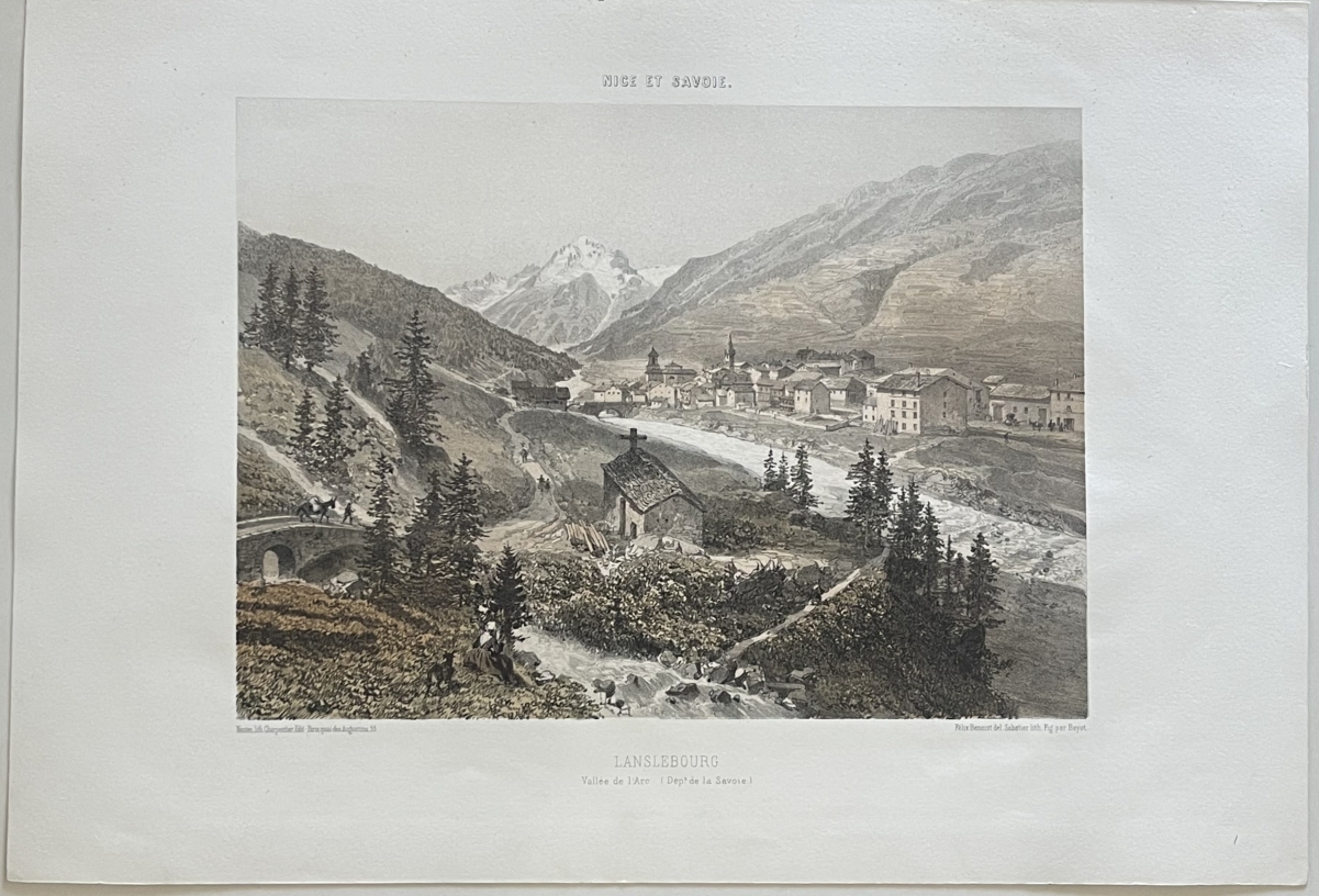 lanslebourg_savoie_antique_lithograph_1864_felix_benoist_french_alps_village