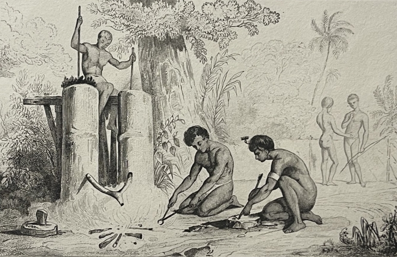 rawak_island_papua_blacksmith_forge_1836_dumont_durville_antique_engraving_oceania