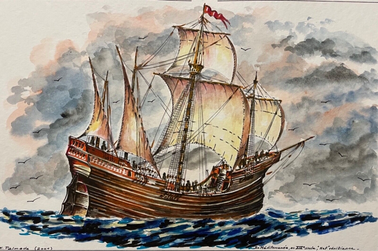 nef_venise_xiv_siecle_aquarelle_de_norbert_palmade_1928-2019_marine_italie_2001