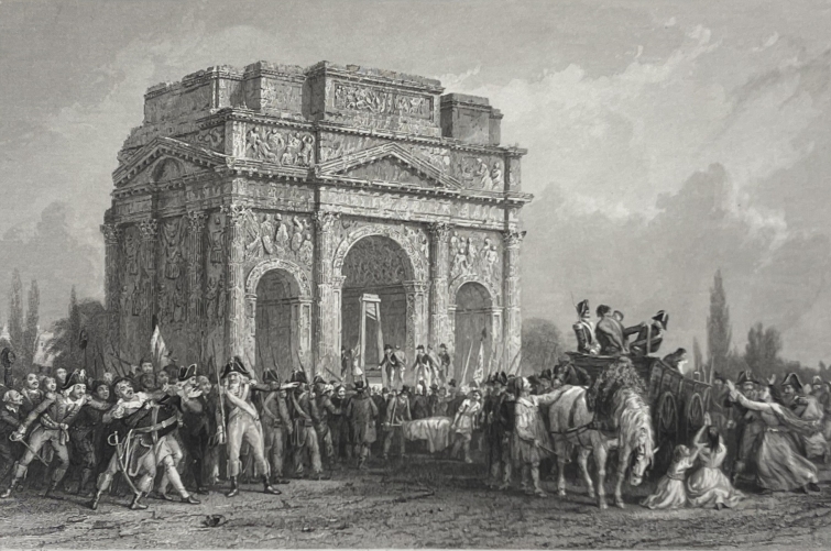 french_revolution_terror_guillotine_orange_roman_arch_antique_engraving_vaucluse