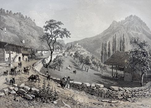 le_chatelard_savoie_antique_lithograph_1864_felix_benoist_french_alps_village