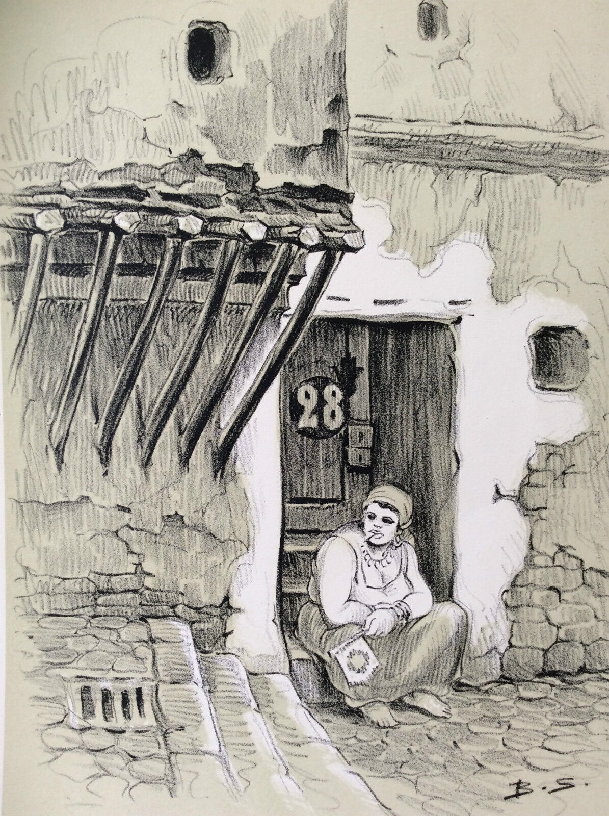 benjamin_sarraillon_tunisie_bardo_ruelle_femme_lithographie_monogramme_b__s_