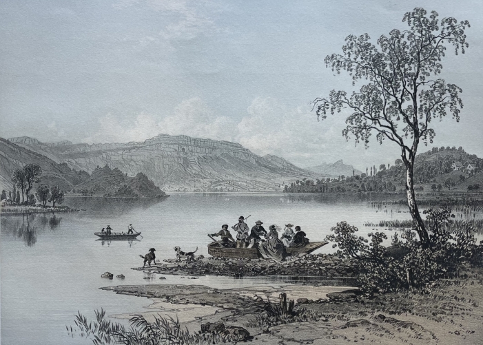 antique_engraving_lake_aiguebelette_france_alps_1864_benoist_scene_savoie