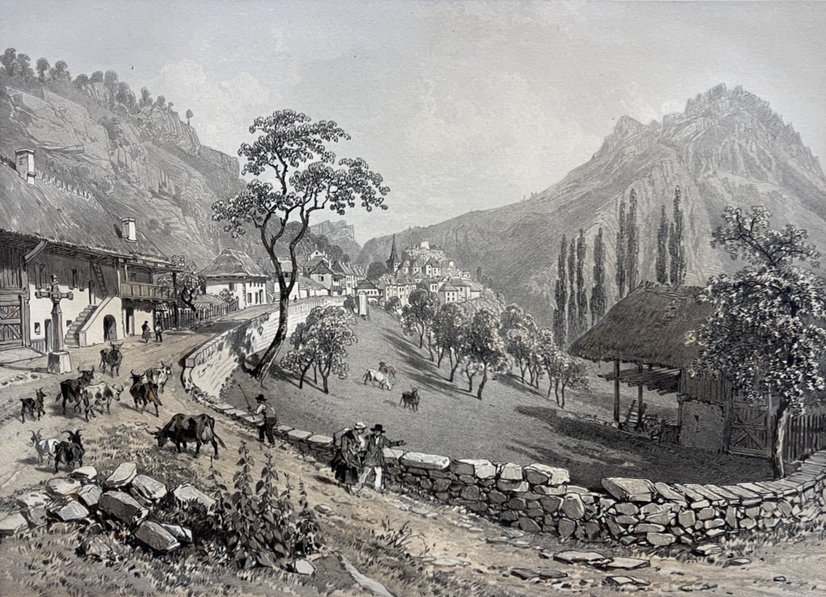 le_chatelard_savoie_antique_lithograph_1864_felix_benoist_french_alps_village