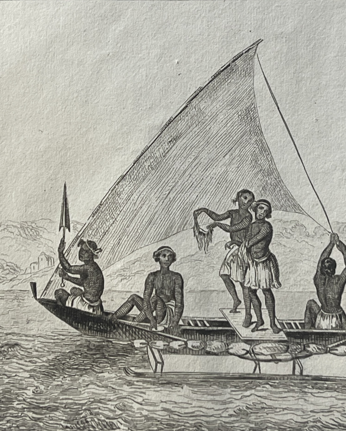 caroline_islands_micronesia_1836_original_antique_engraving_native_sailing_canoe