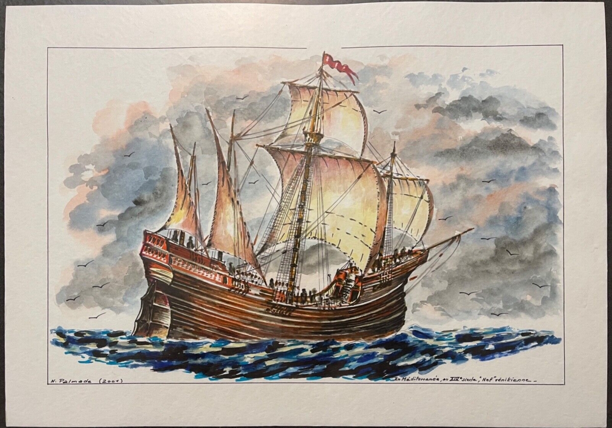 nef_venise_xiv_siecle_aquarelle_de_norbert_palmade_1928-2019_marine_italie_2001