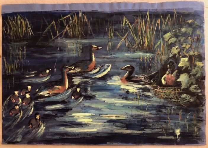 canards_grande_gouache_sur_papier_c_1960_signee_elsa_desportes_animalier_canard