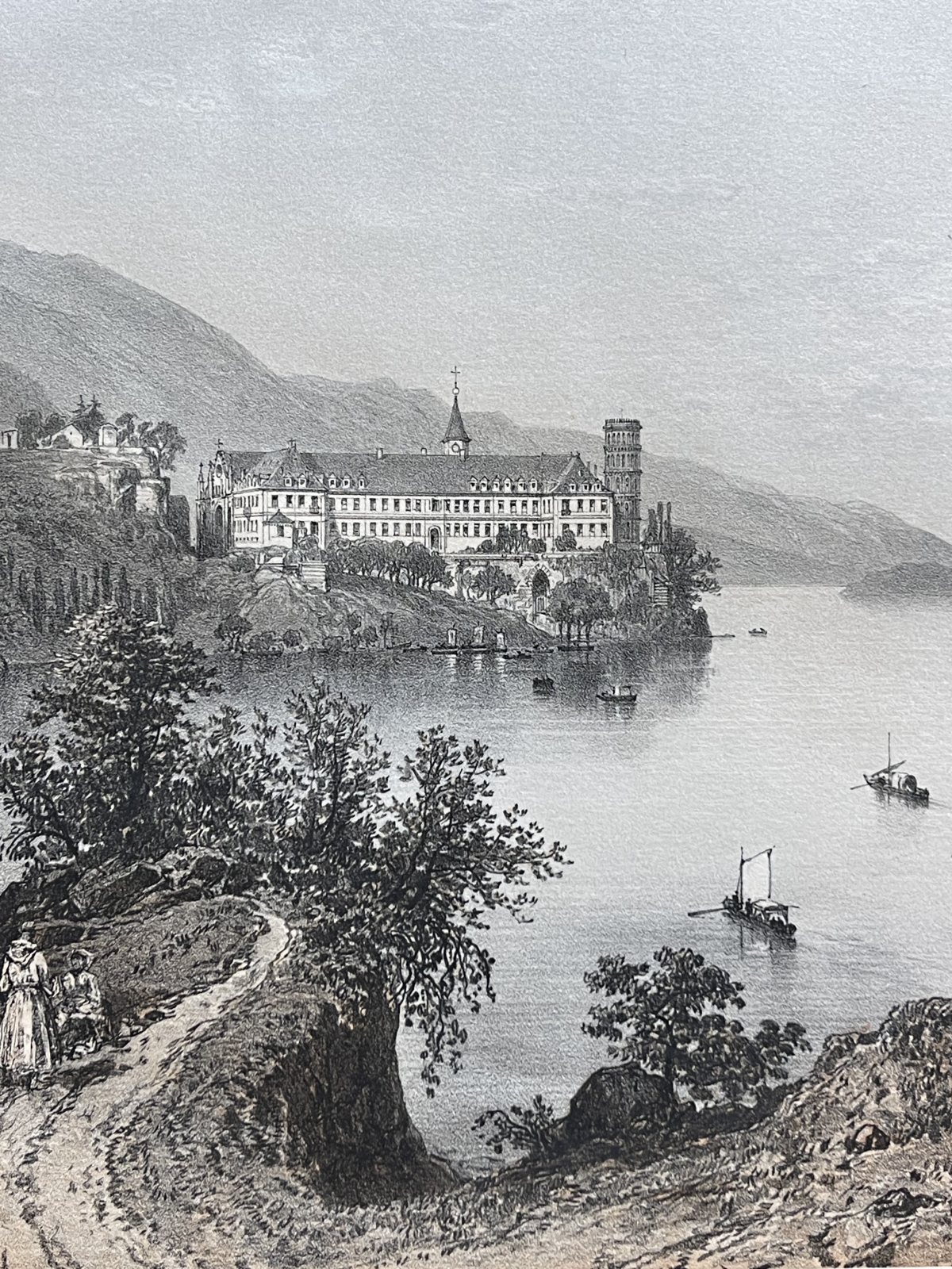 antique_engraving_haute-combe_abbey_lake_bourget_france_1864_benoist_savoie