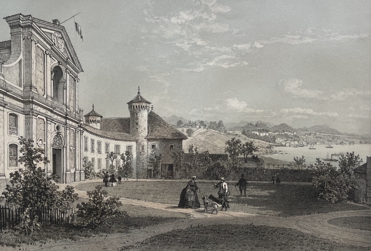 antique_1864_thonon_ripaille_castle_lithograph_haute_savoie_france_alpine