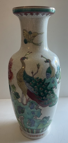 china_20th_c_peacock_vase_crackle_glaze_famille_verte_qianlong_mark_30_7cm_chine