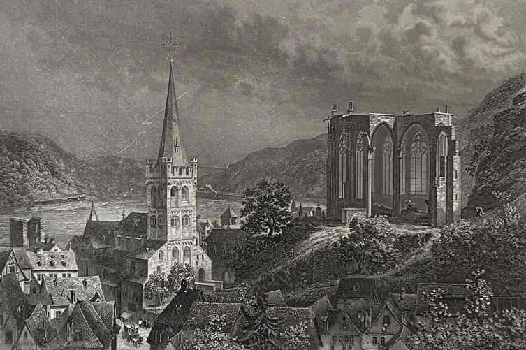 bacharach_on_the_rhine_large_antique_steel_engraving,_germany_ci1880_allemagne