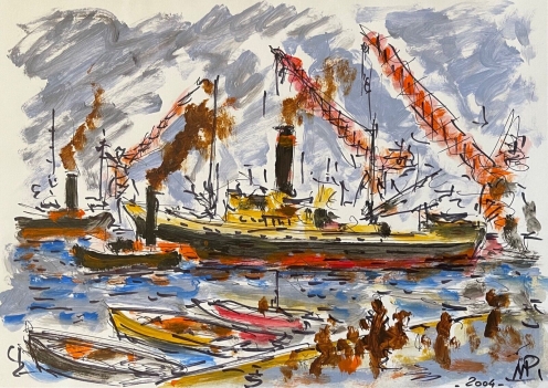 cargo_en_cours_de_debarquement_gouache_n_palmade_2004_marine_marin