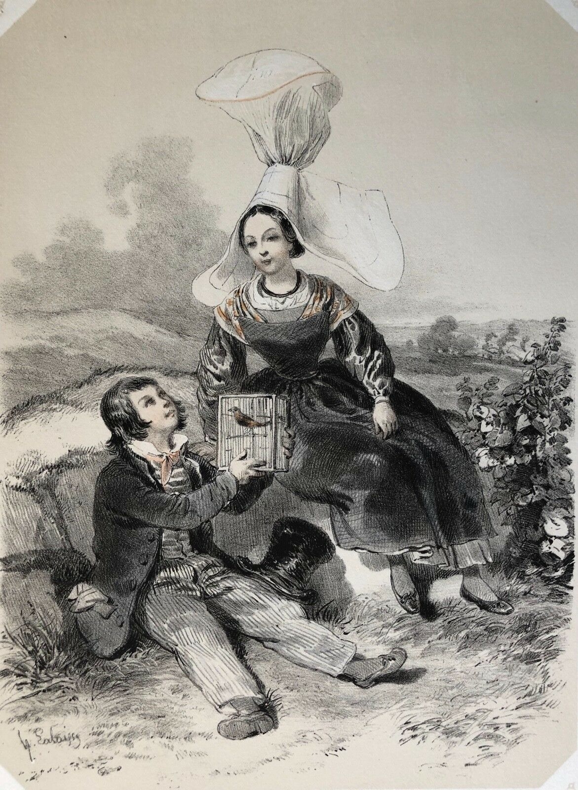 jeunes_paysans_de_sotteville_manche_lithographie_originale_1852_cherbourg