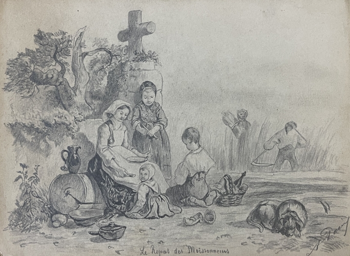 le_repas_des_moissonneurs_vers_1830_dessin_graphite_paysan_enfant