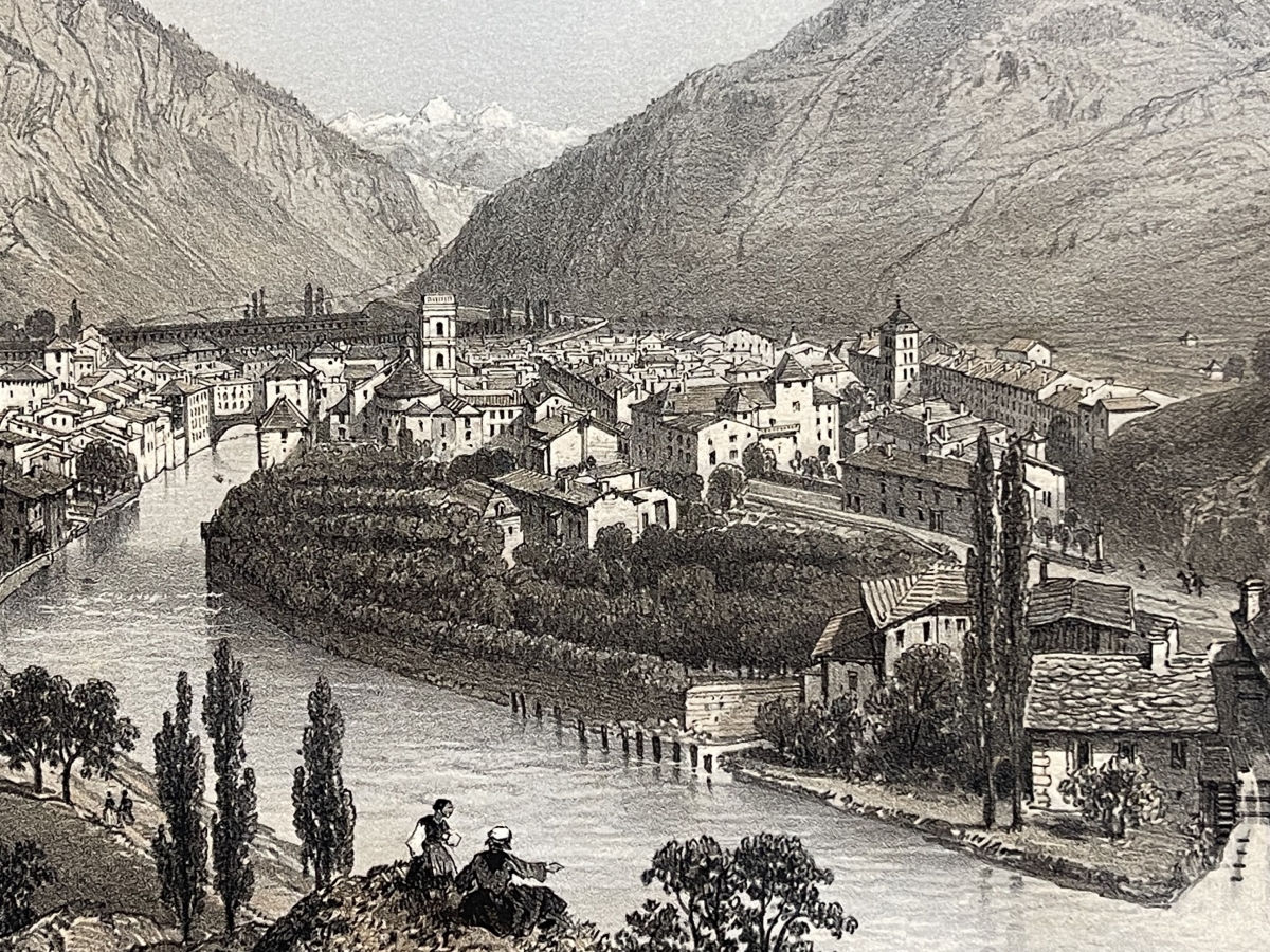 moutiers_savoie_antique_lithograph_1864_felix_benoist_french_alps_river_town