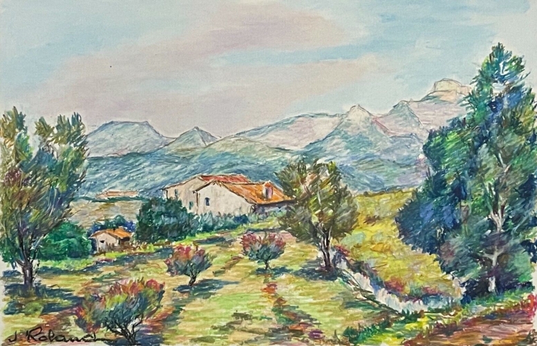 st_pierre_provence_maisons_et_paysage_pastel_fixe_xxe_signe_j_roland_france